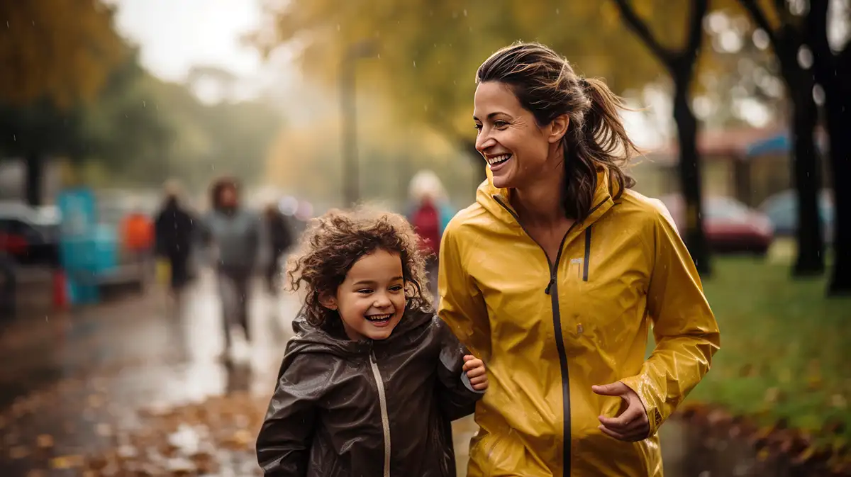 Mamma och barn påväg till skolan.