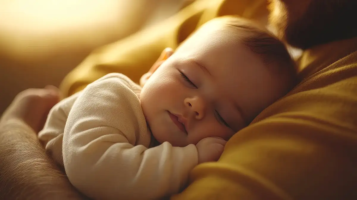 Barn sover i pappas famn.